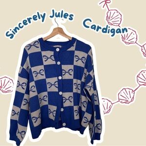 Sincerely Jules Blue & Cream Checker Bow Cardigan